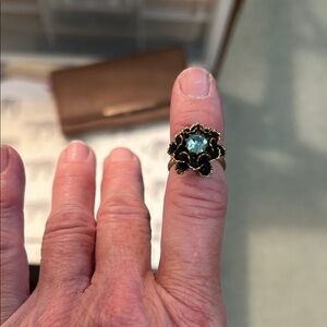 Vintage-Inspired costume Black Flower Ring with Blue Stone